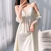 Solid color simple ice silk breathable sexy nightdress summer pure desire wind lace V-neck suspender nightdress jacket two-piece set