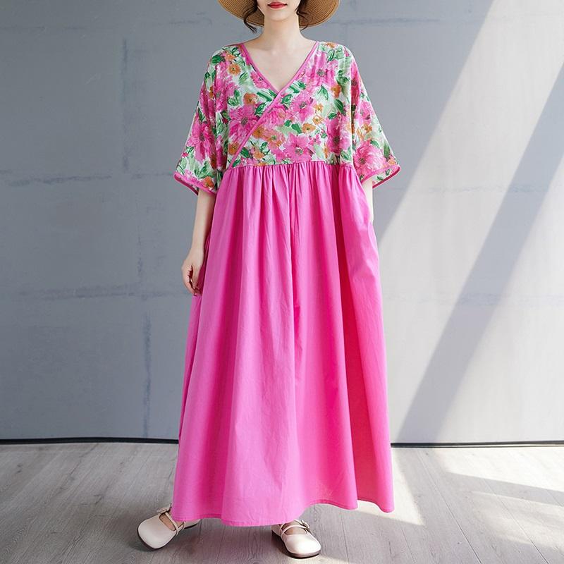 Kurzarm Plus Size Baumwolle Vintage Blumenmuster Neu in Kleidern für Damen lässig locker langes Sommerkleid