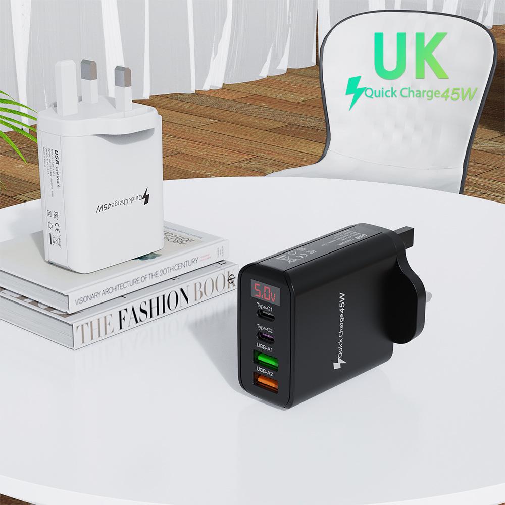 45W Multi-Port Phone Charger with Digital Display, 2A+2C, 3.1A, EU/UK Plug