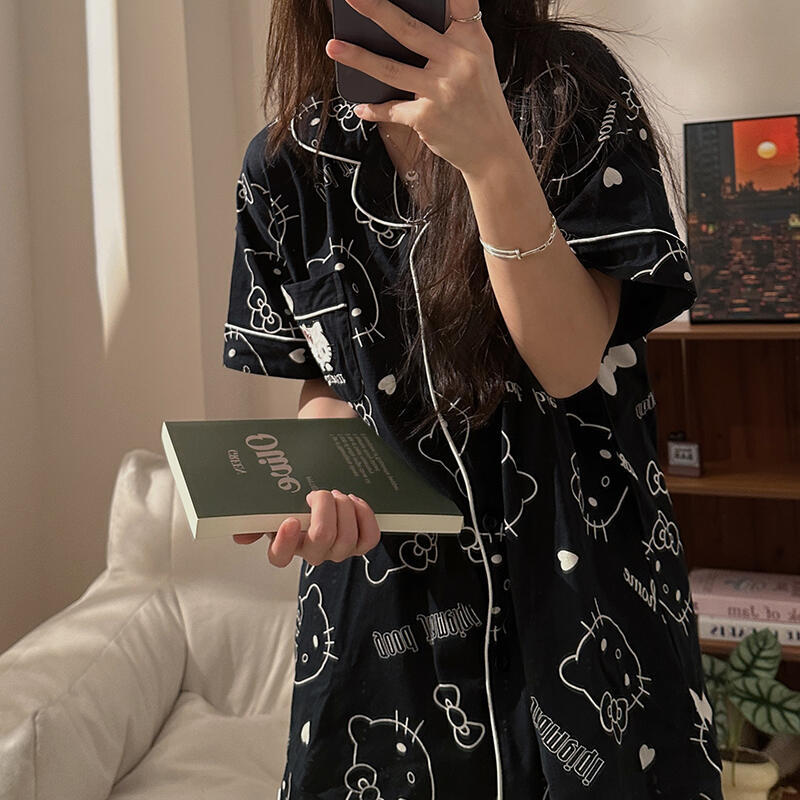 

Korean gray high-end Hello Kitty pajamas women s summer short-sleeved shorts cardigan two-piece set can be worn outside loungewear S