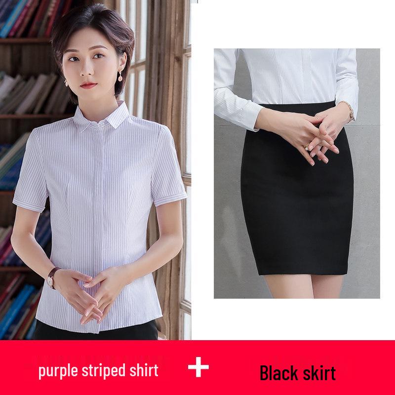 Women's Striped Professional Short Sleeve Shirt - Summer 2026 Slim Fit Formal Top for Business and Interviews