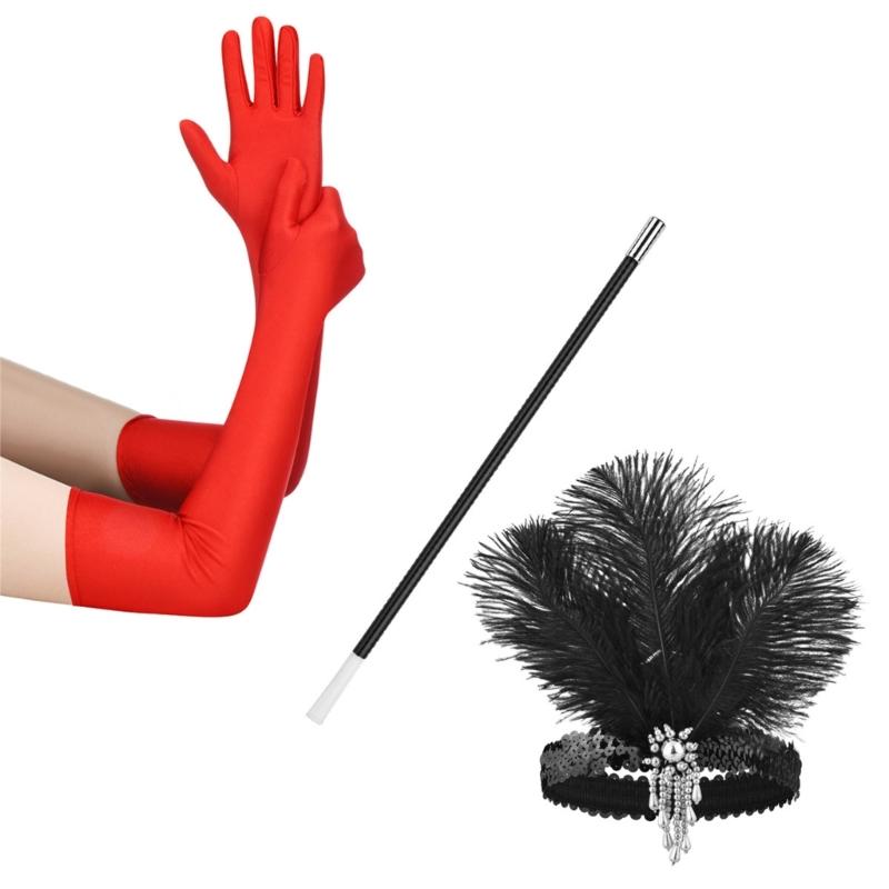 Женские аксессуары Флэппер Вечерний костюм Винтажные перья Повязка на голову Перчатки красный