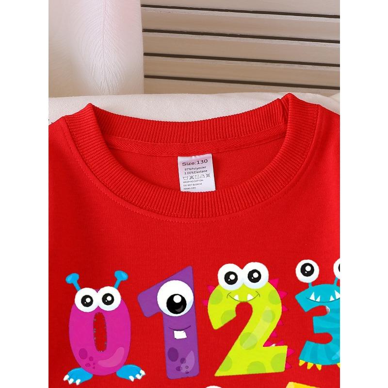 European Sizes Colorful Monster Numbers Fun Learning Girls' Crew Neck Fashion Sweatshirt, Autumn Winter Western Top, Long Sleeved Casual.