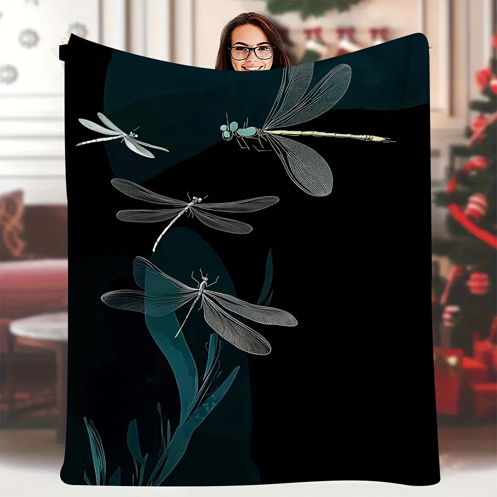 

1pc Vintage Dragonfly Print Blanket - Soft Single-Sided 60x80 Inch, Black with Green Dragonflies & Floral Design, Perfect for 70x100cm28x39in