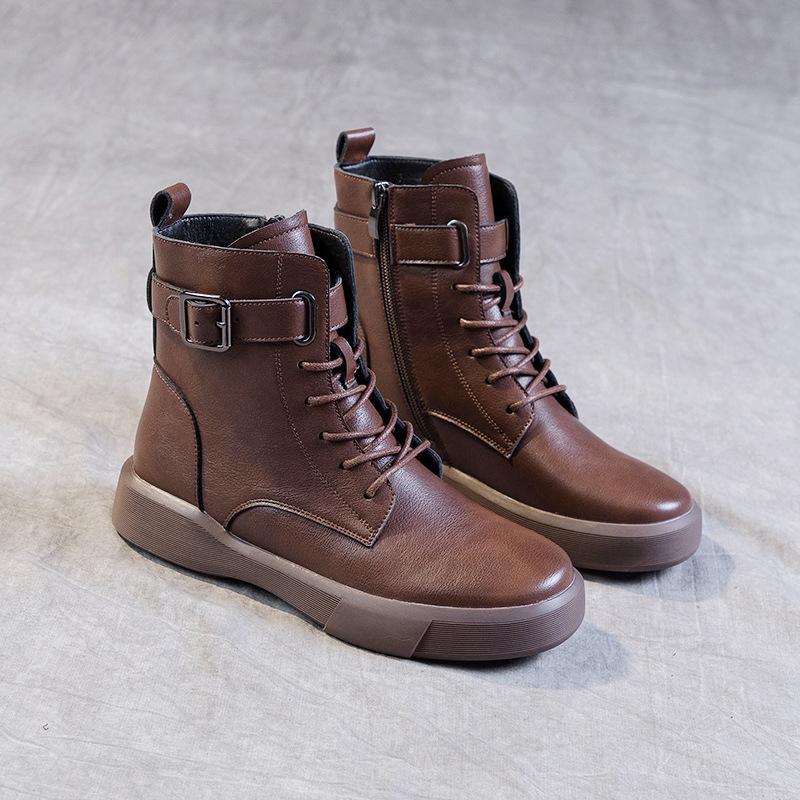 2025 autumn and winter large size leather Martin boots women's velvet warm-soled small short boots retro inner height-increasing flat boots