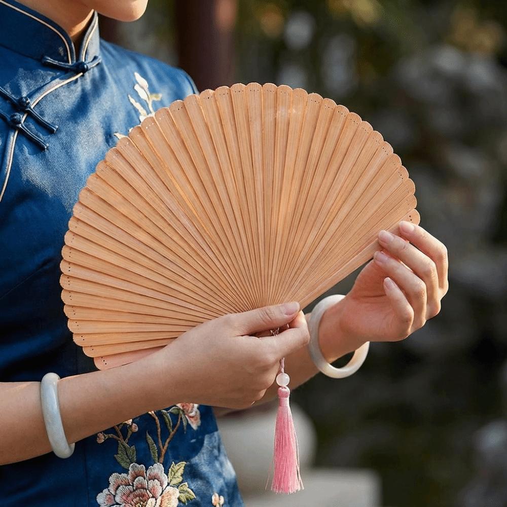 Retro Bamboo Folding Fan Solid Color with Tassels Folding Hand Fan Decorative Fan Portable Mini Shell Fan Cheongsam Accessory
