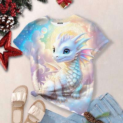 Maglietta con stampa di drago dei cartoni animati per le donne, t-shirt estive con scollo a V e maniche corte, abbigliamento casual da strada oversize Harajuku femminile