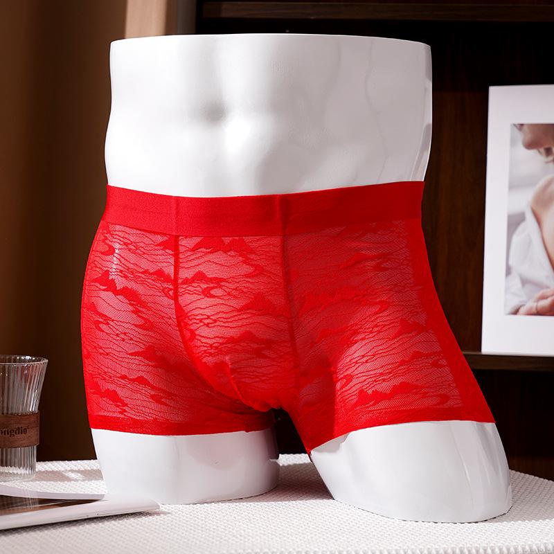 Men's 10A Antibacterial Camellia Silk Boxer Briefs - New Chinese Jacquard Lace Style