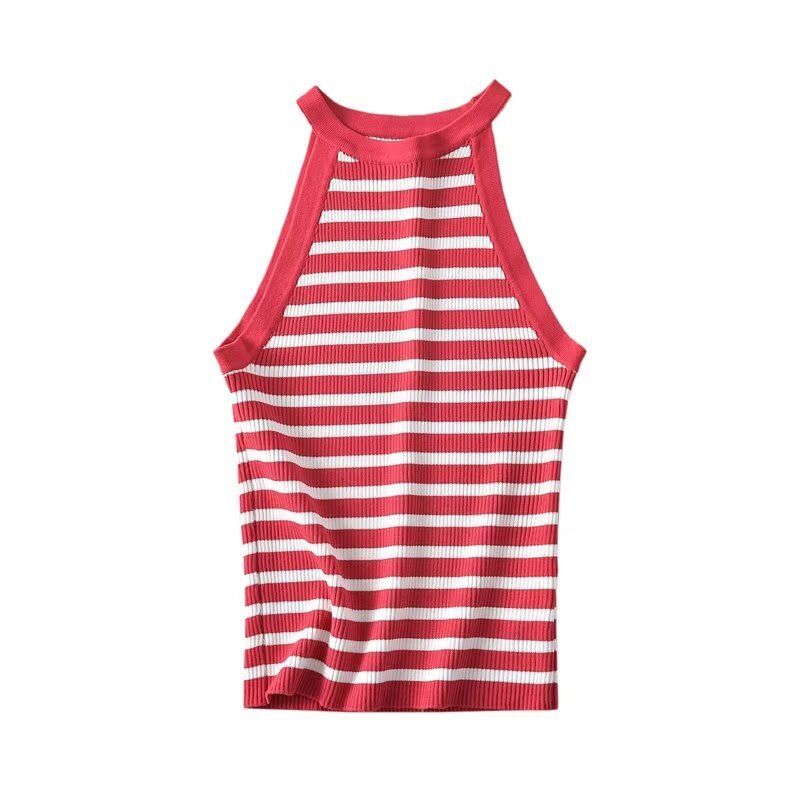 

Summer New Fashion Trendy Sleeveless Hanging Collar Tops Striped red L