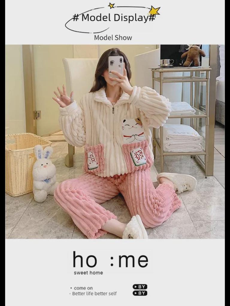 Pyjama d'hiver pour femme grande taille en velours corail et jacquard - Vêtement d'intérieur doux et confortable (Jusqu'à 200 livres)