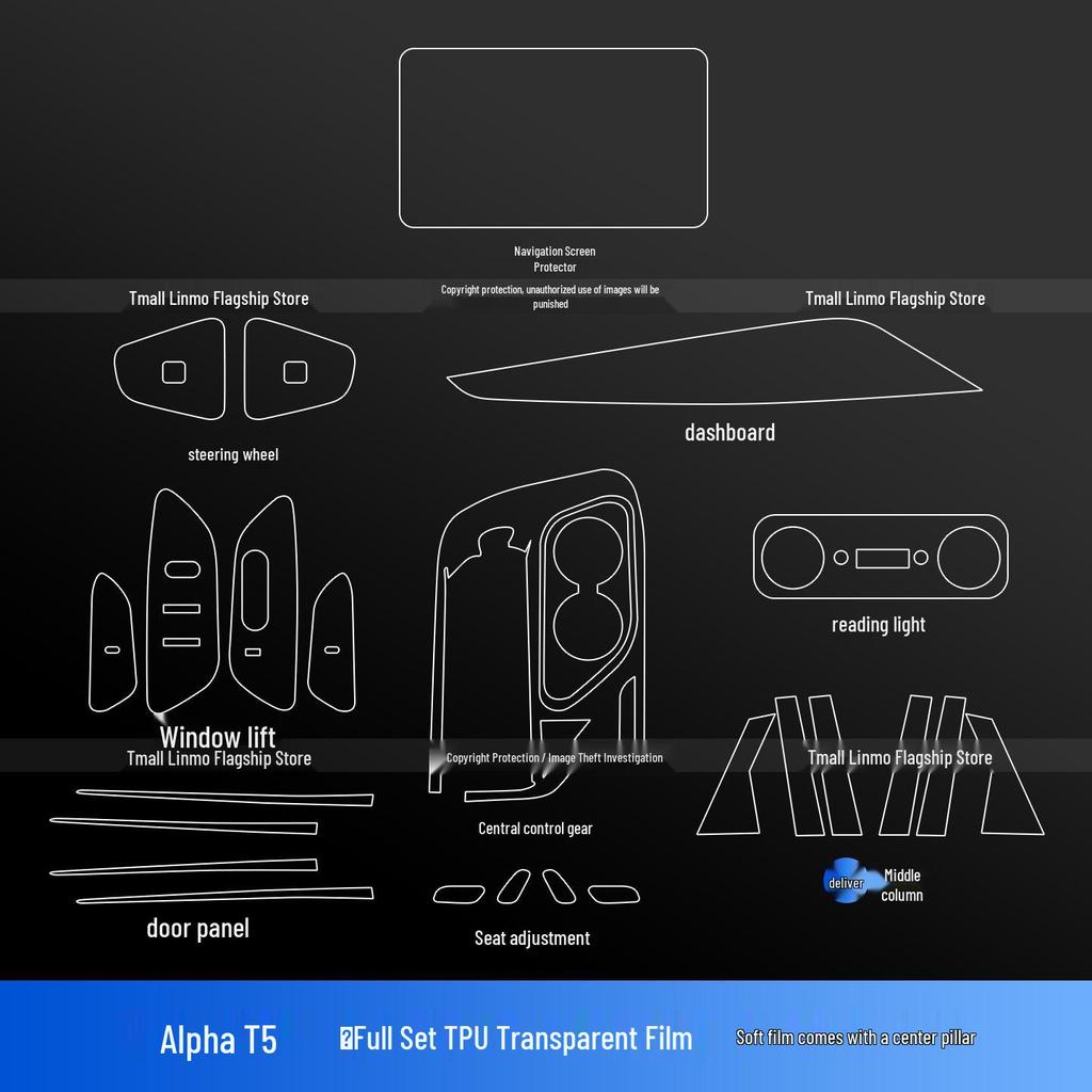 BAIC T5 Interior Protection Kit: Console Stickers, Screen Tempered Film, Steering Wheel, B-Pillar Accessories.