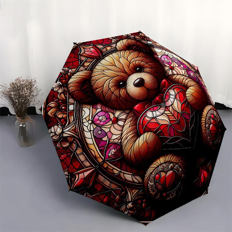 Stained Teddy Bear Wall Art DecorUmbrella, Portable 3-Fold Compact Umbrella for Men & Women Gift