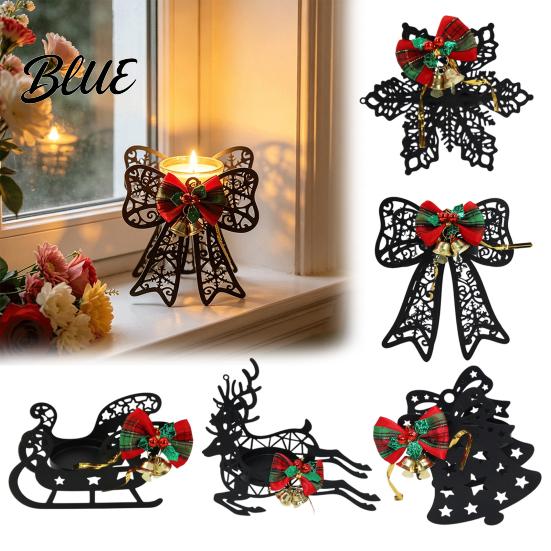 Holiday Home Decor Ornaments Black Metal Candle Holder Hollow Bow Sleigh Reindeer Bell Snowflake Tea Family Gathering Atmosphere Props Light