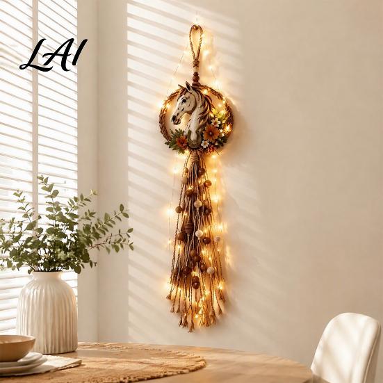 Unique Horse Head Craft Gift Farmhouse Wall Decor Boho Hanging Ornament with Wood Beads Natural Flax Rope Art Tassels Rustic for Living Room