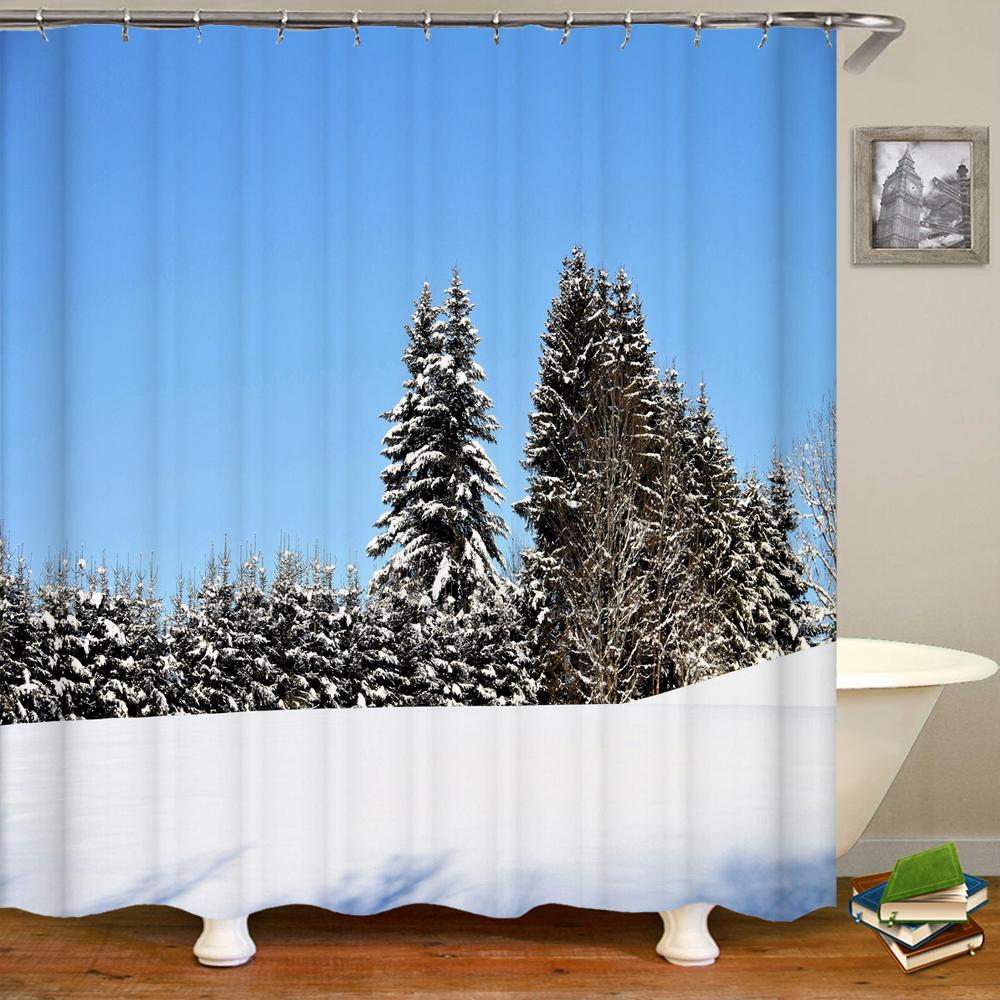 Natural Landscape Shower Curtains Bathroom Curtain Snow Scene Cedar Waterproof Polyester Bath Curtain Home Decorationwith Hooks