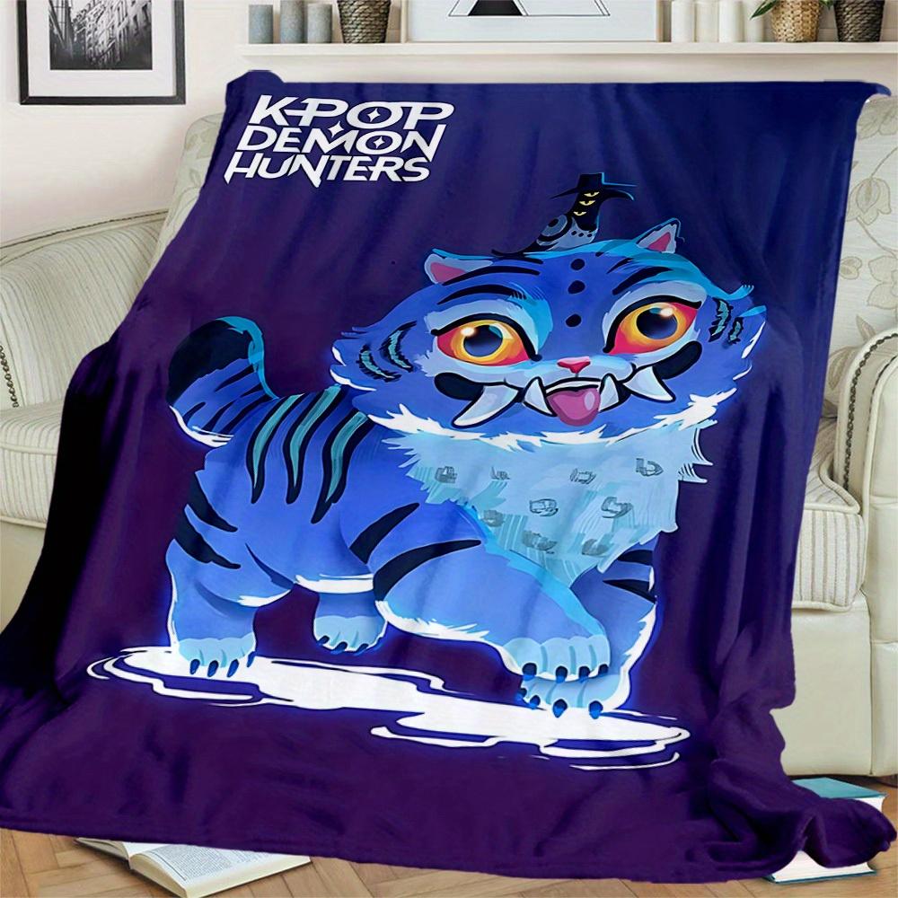 1Pc Kpop Demon Hunters Derpy Cats Print Flannel Blanket, Comfortable for All Seasons, Home Decor, Warmth and Comfort, Perfect for Christmas Gifts