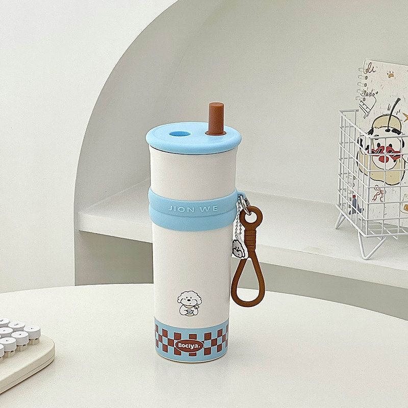 Cute Puppy Large Capacity Vacuum Cup with Straw Simple Good-looking Girls Portable Portable Portable Portable Water Cup Blue 750ml [Tea and Water Separation Compartment]