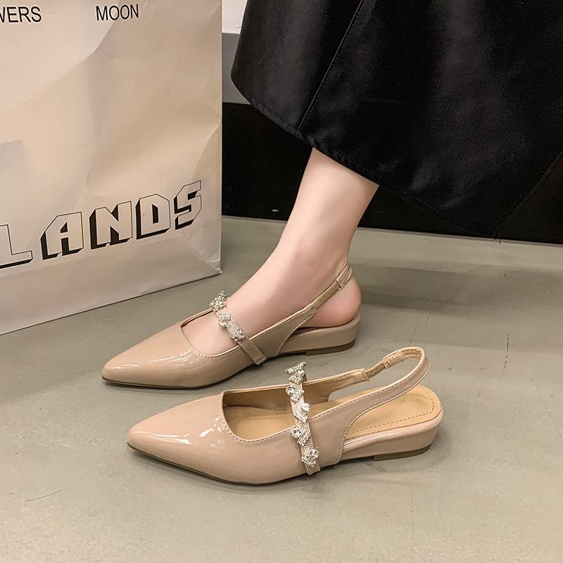 Baotou Half-drag Flats with Rhinestone Sandals for Women In Summer 2025, New Fairy Wind Pointed Sandals for Women Outside