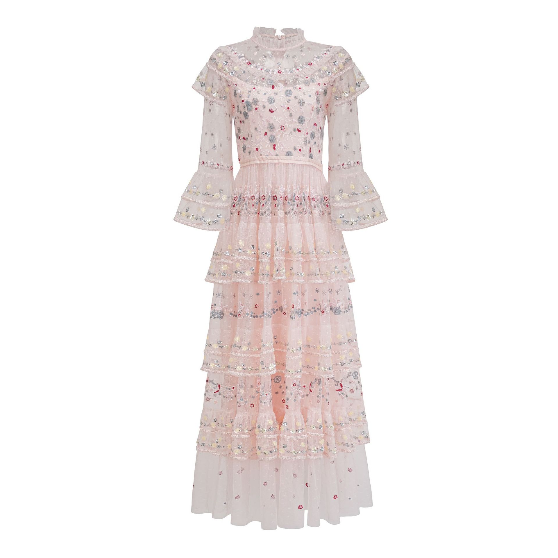 

Новое платье с пайетками, рукавом 3/4, сложной отделкой, облегающее талию, юбкой-кейком, длинное L розовый