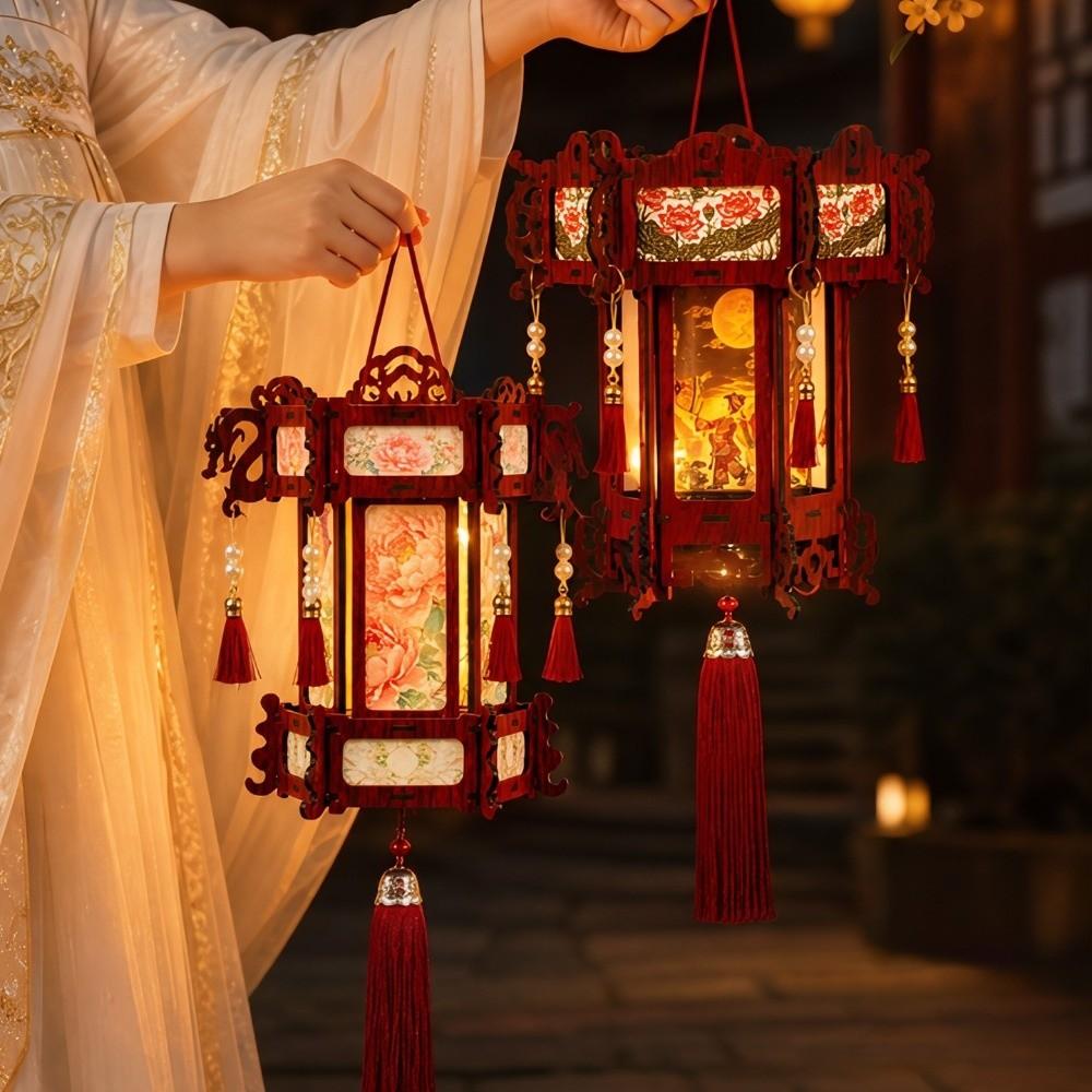 New Year DIY Spring Festival Lanterns Luxury LED Luminous Wooden Lanterns Festival Decorations