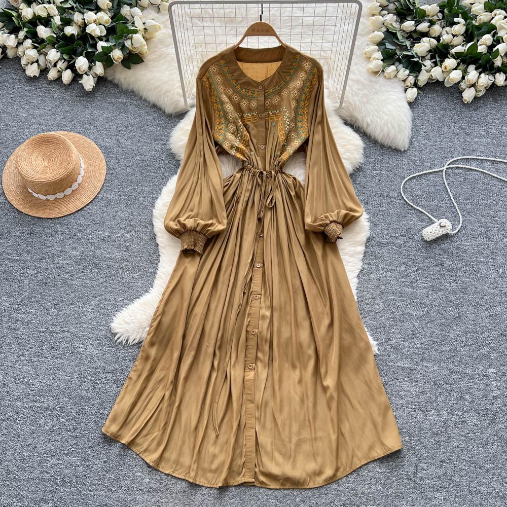 

Женское ретро вышивка тяжелая работа талия затягивающая одна пуговица эле длинное платье One size светло-коричневого