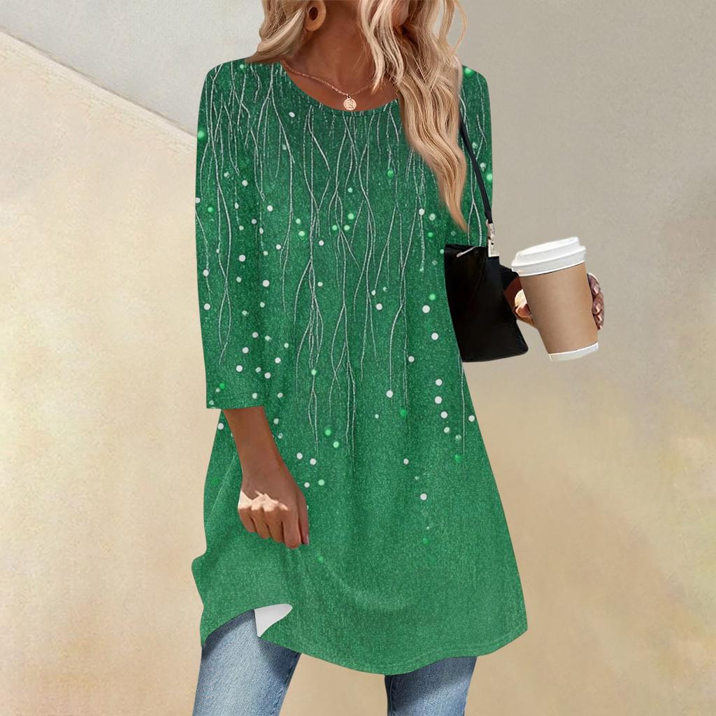 Damenmode Lässig Dreiviertelärmel Lang Blumenmuster Rundhals Oberteil