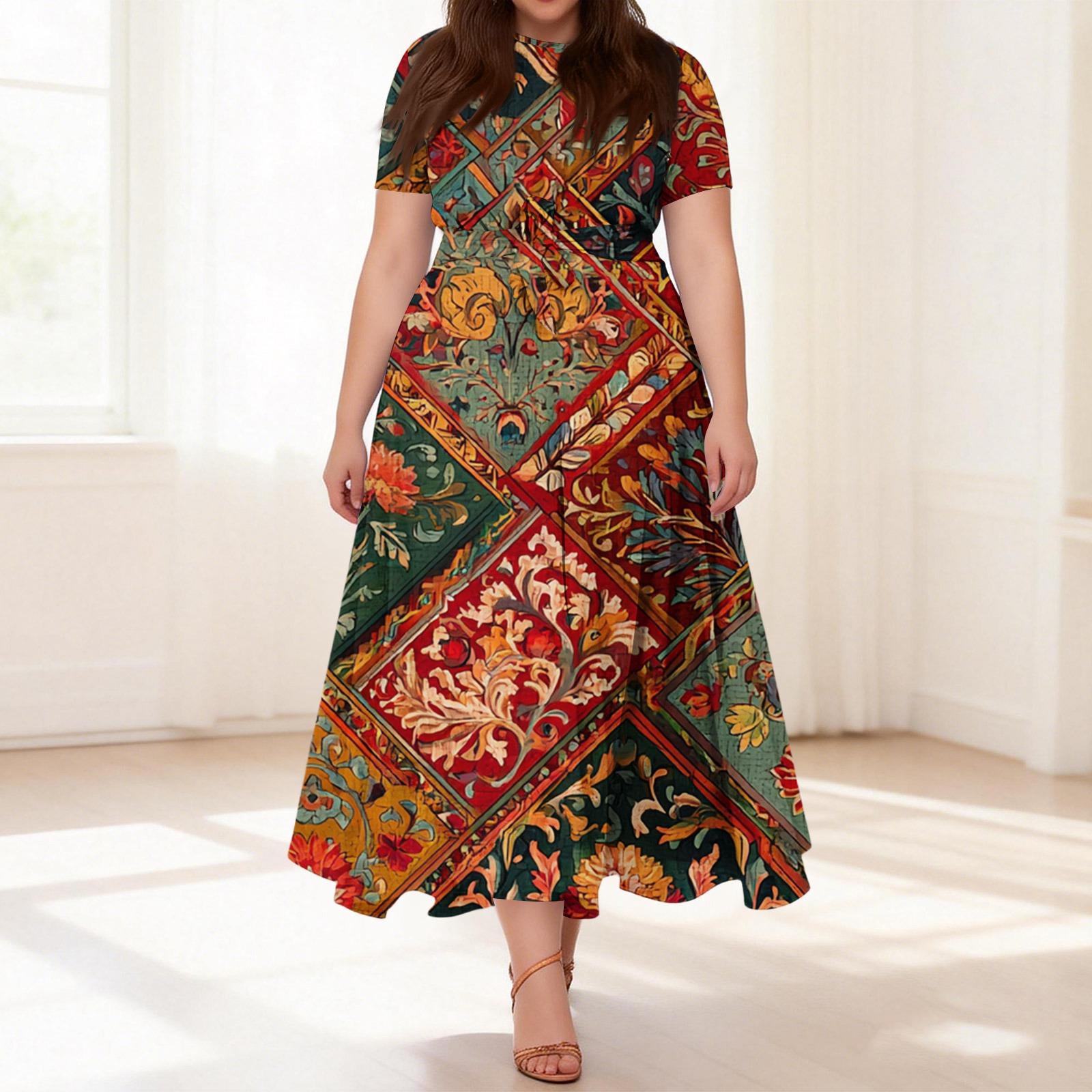 

Women s Casual Fashion Plus Size Retro Floral Print Round Neck Short Sleeve Pocket Tie-Waist Dress XL червоний