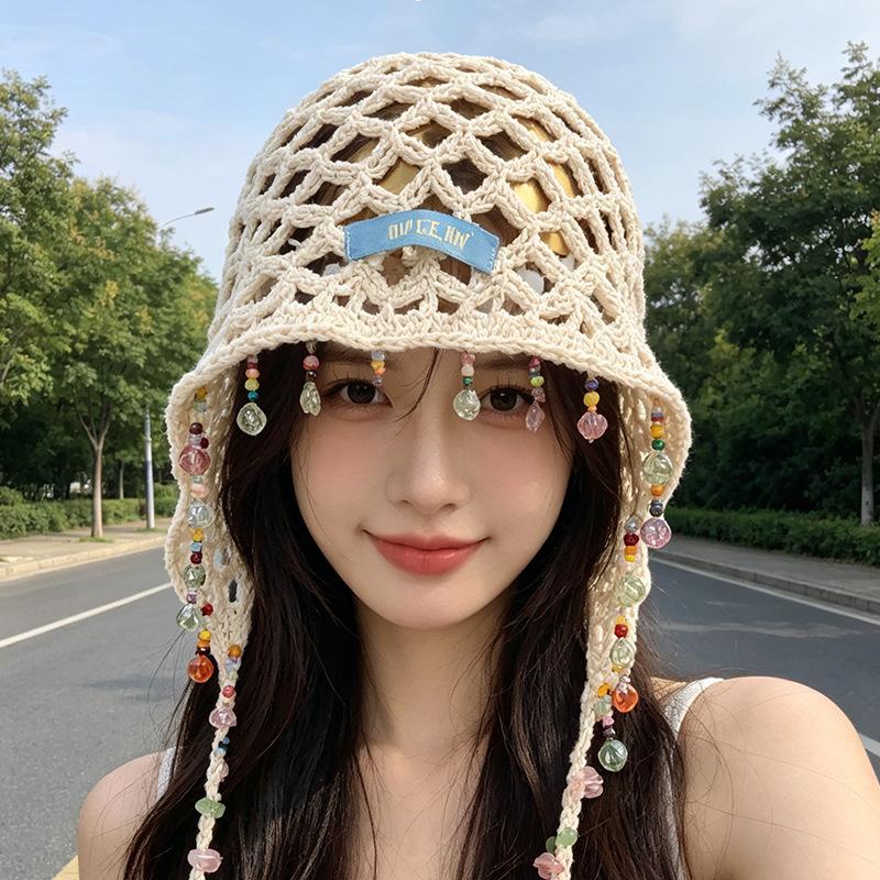 New ethnic style pearl fringed pendant hollow knitted wool hat women's summer outdoor sunshade sunscreen headgear