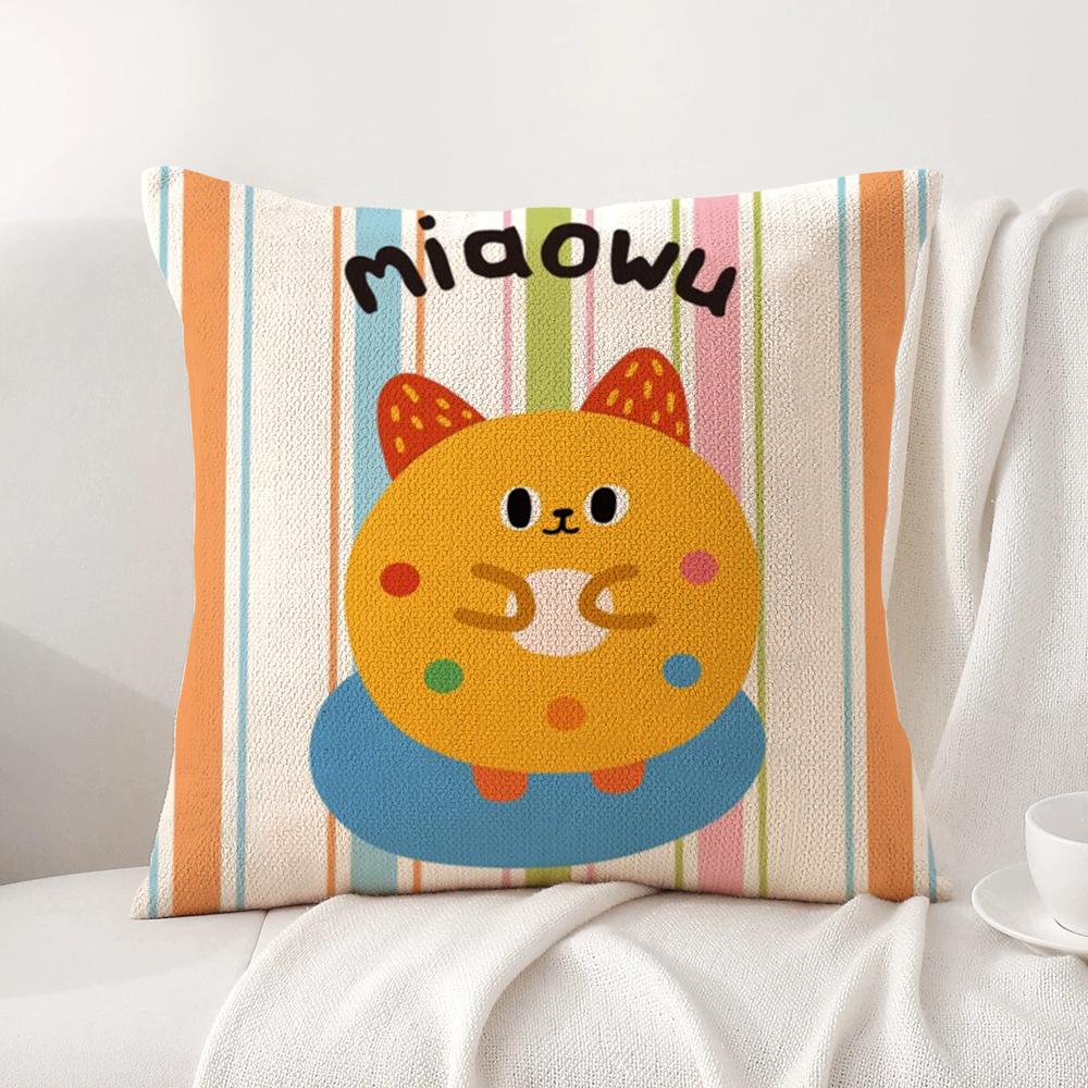 Kawaii Cute Cat Cushion Cover Natural Linen Organic Fabric DoubleSided Printing Sofa Home Decor Breathable Bed Pillow