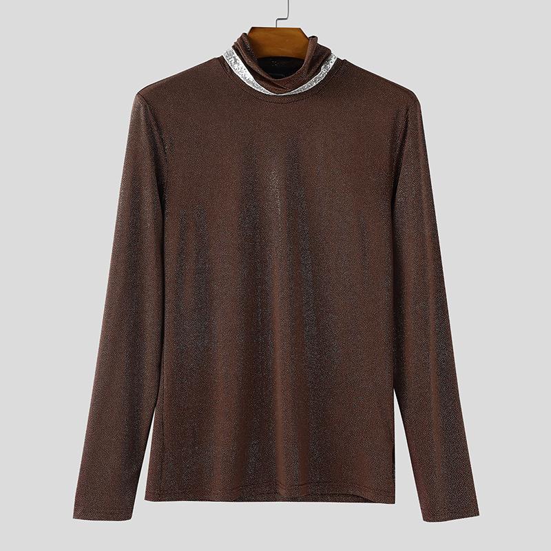 INCERUN Men Long Sleeve Stitching Glitter Casual Loose Undershirts Tops T-shirts 3XL bruin