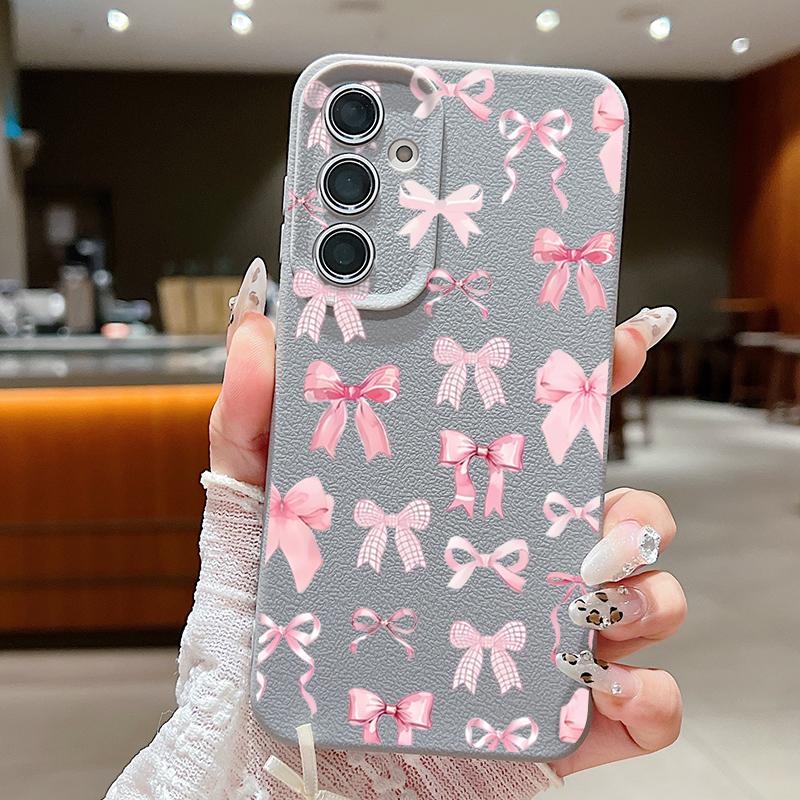 Stoßfeste schlanke Handyhülle mit rosa Schleifendruck für Samsung S25 S24 FE S23 Ultra S22 A56 A36 A16 A55 A26 A35 Ledertextur TPU Weiche matte Bumperabdeckung