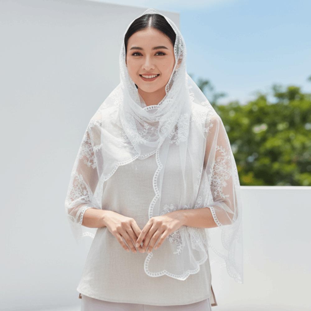 Neck Wrap Embroidered Floral Headwrap Breathable Translucent Long Lace Scarf Scalloped Skin-Friendly Sheer Shawl Elegant Lady