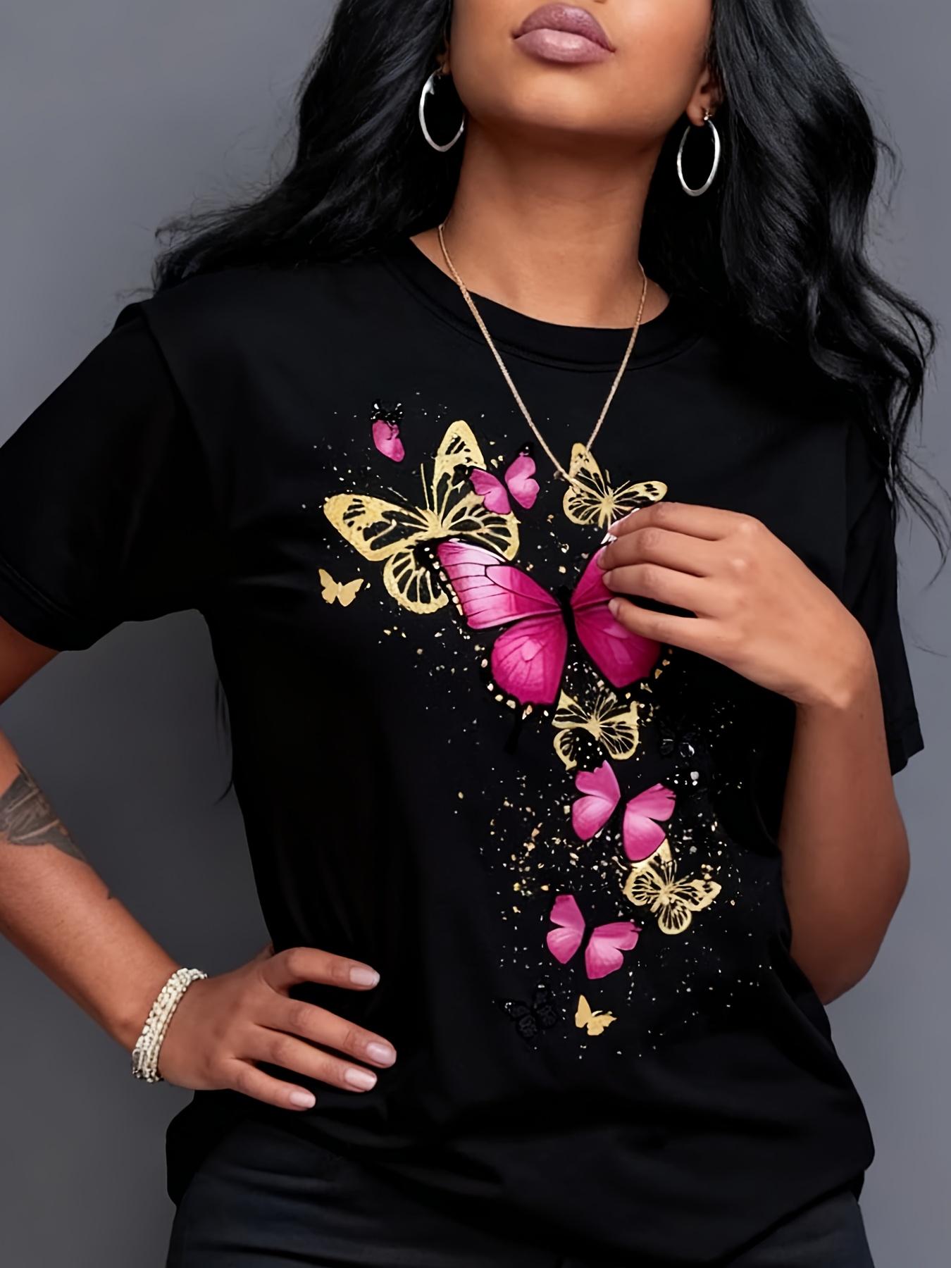 

European sizesVibrant Butterfly Print + Short-Sleeve for Spring And Summer + Round Neck T-Shirt 4XL