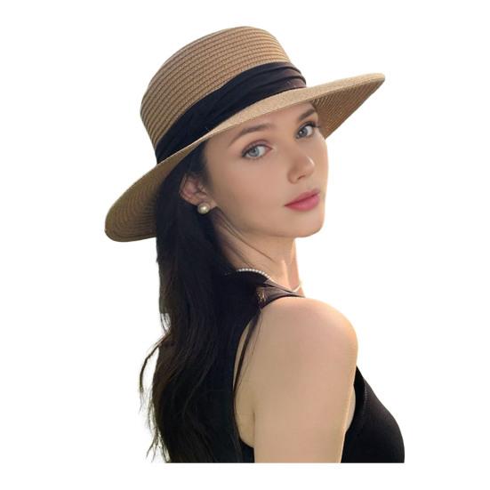 French Style Straw Hat with Large Brim Ribbon Decor Foldable Sun Protection Hat Summer Beach Travel Vacation Hat