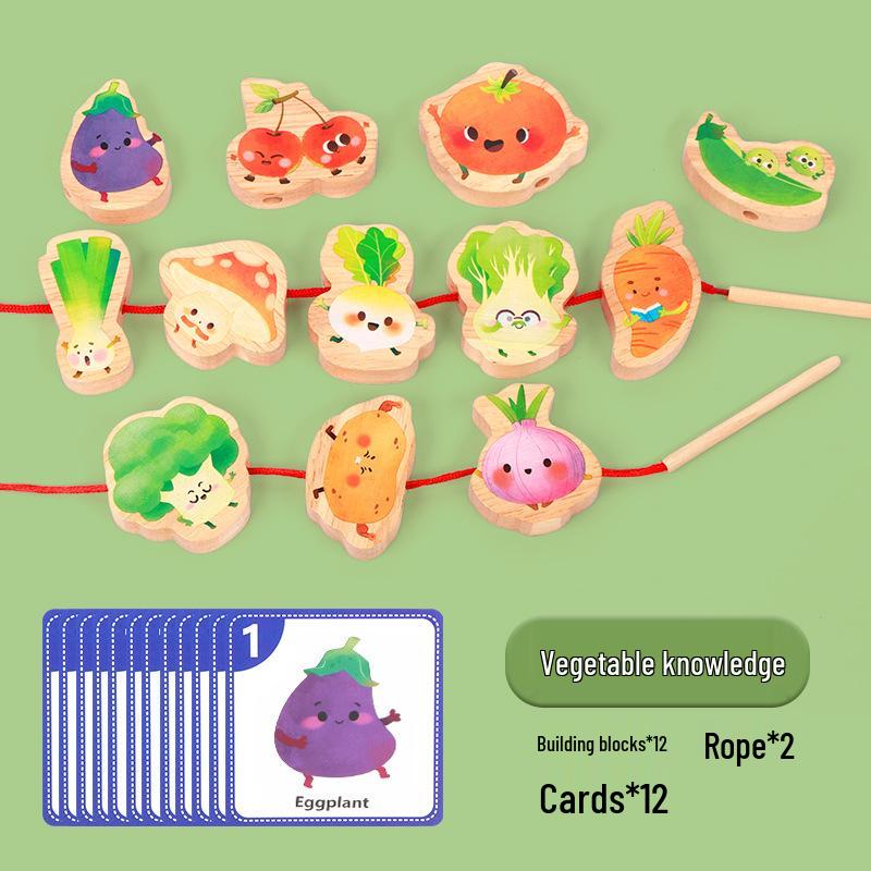Children s 2-in-1 Montessori Wooden Beading Toy with Large Beads & Cartoon Food Recognition