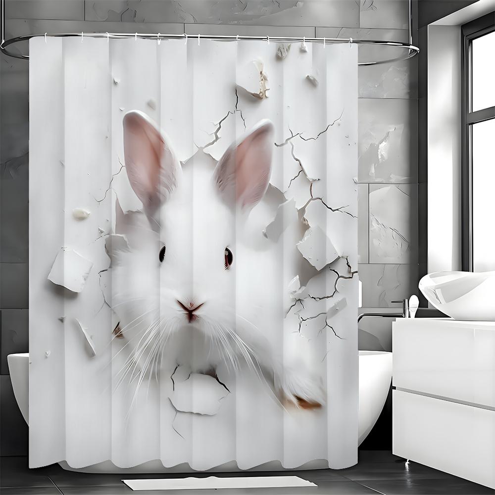 

A White-Faced, Black-Eyed Rabbit Comes Out Of A Hole Shower Curtain, Bathroom Decorative Shower Curtain, Waterproof Shower Curta W60H190(CM)-1 Pcs