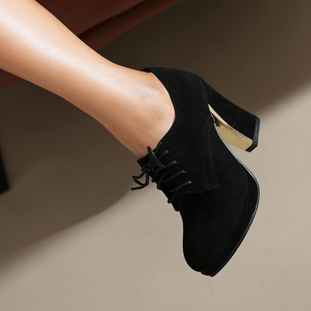 Women's high heels, single shoes, spring and autumn waterproof platform, thick heel, lace up, large size, all season shoes