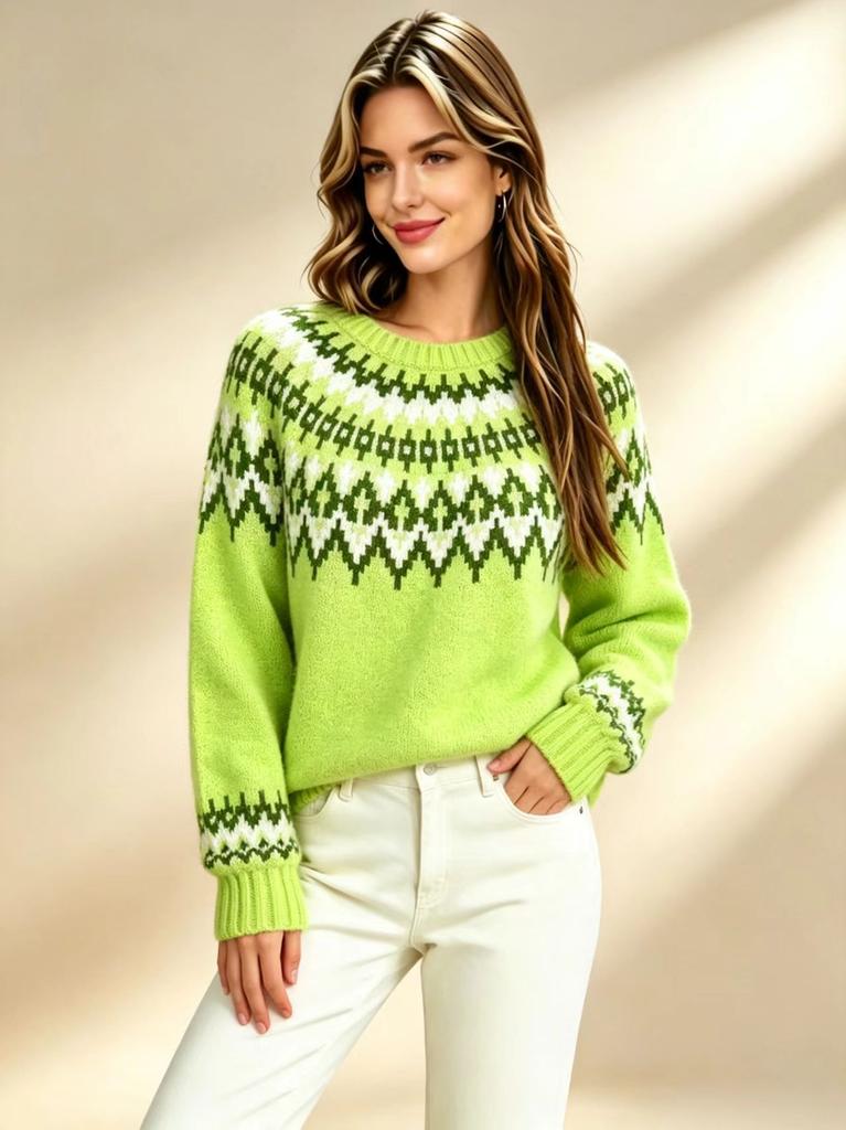 2026 Autumn and Winter Retro Fair Island Jacquard Crew Neck Sweater Women's Loose Lazy Soft Waxy Knitted Sweater Jumper