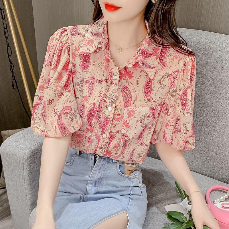 Bubble Sleeve Floral Chiffon Shirt for Women in Spring and Summer Niche French Style