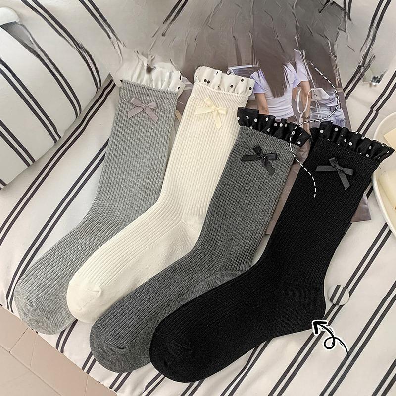 Polka Dot Lace Bow Tie Women's Mid-calf Socks Spring and Autumn Edition Ballet-style Girls' Long Calf Socks
