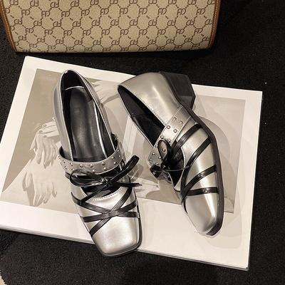 2025 New Autumn New Punk Style Thick High Heels Square Toe Shallow Bowknot Cross-tied Rivet Genuine Leather Women Modern Pumps