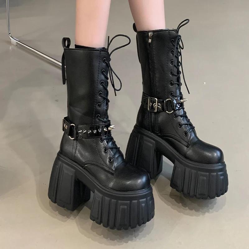 

Winter New Women s Fashion Mid Tube Boots Lace Up High Platform Wedge Boots New Women s Fashion Solid Color Boots 40