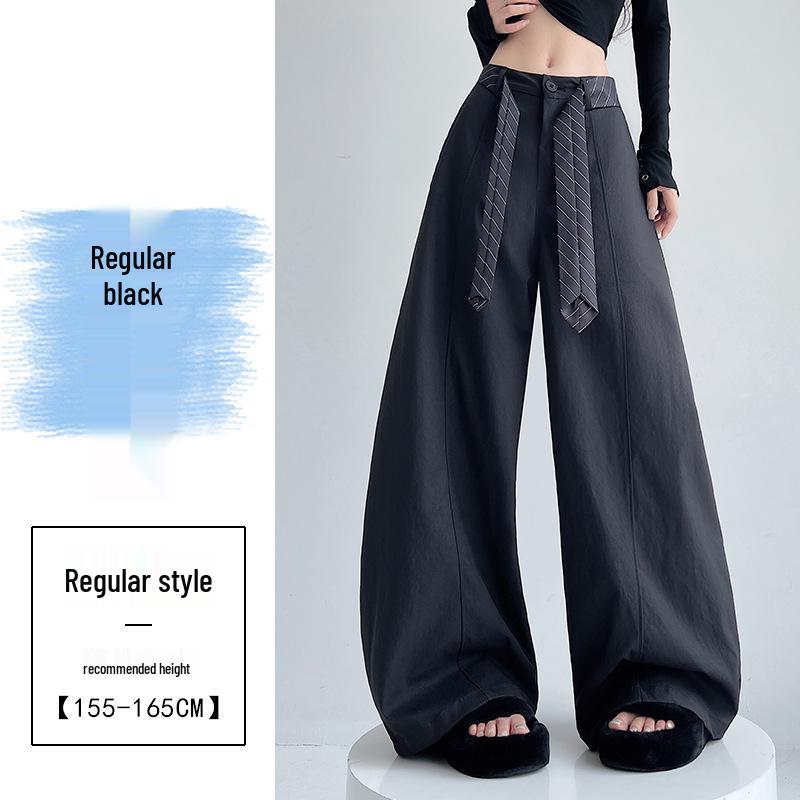 

Women s Dark Blue Scythe-shaped Wide-leg Casual Work Pants with Belt - Spring Arrival L чёрный