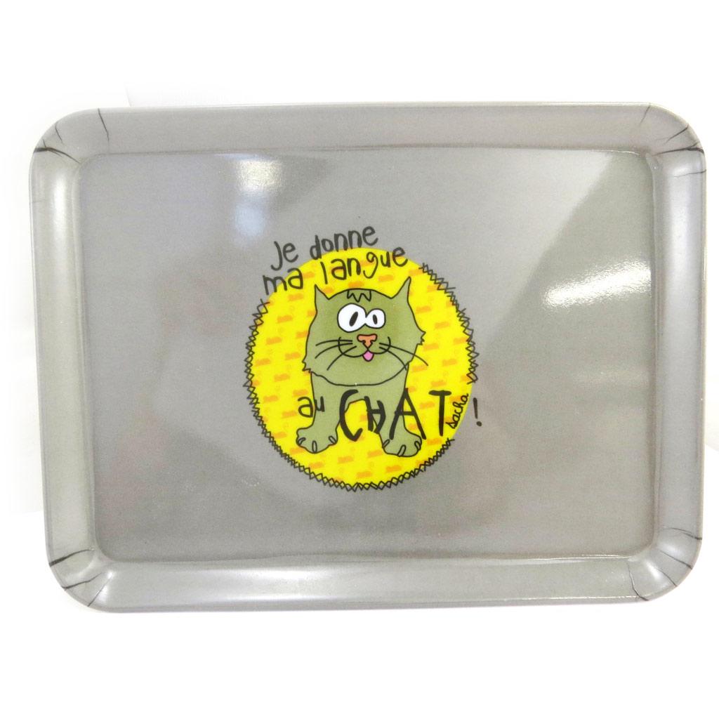 Les Trésors De Lily [M3370] - Small Tray 'I Give My Tongue To the Cat! ' Gray - 24x18 Cm