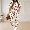 Women Plus Size Round Neck Short Sleeve Printed Crop Top Drawstring Pants Two Piece Set With Pockets