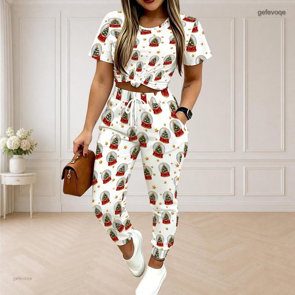 Women Plus Size Round Neck Short Sleeve Printed Crop Top Drawstring Pants Two Piece Set With Pockets