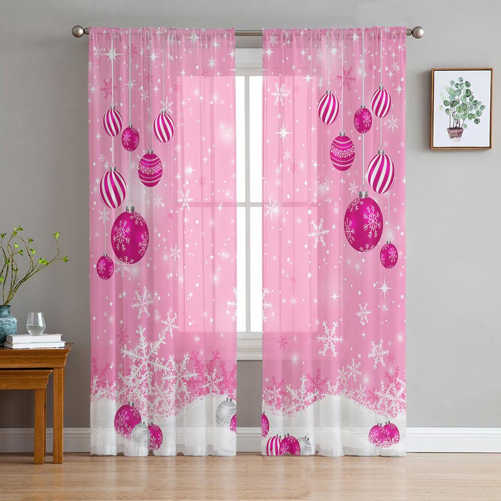 Blue Christmas Tree Christmas Ball Snowflake Sheer Curtains Home Living Room Bedroom Kitchen Window Decor Voile Tulle Curtains