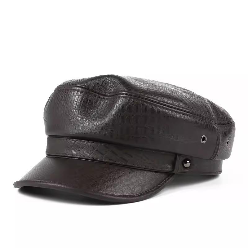 Men's Korean Style Sheepskin Duckbill Cap - Autumn and Winter Genuine Leather Hat, Trendy British Flat Top Design for Middle-Aged and Elderly.