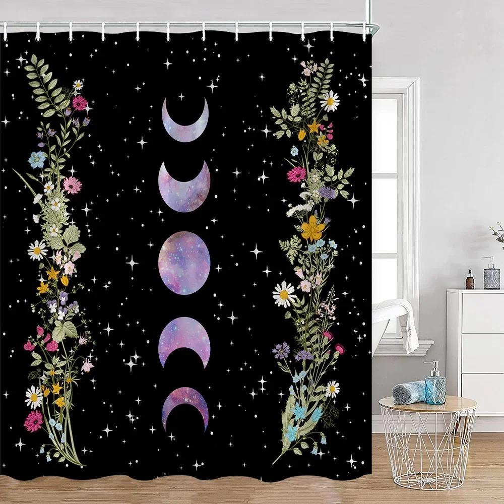 Vintage Dark Color Astrology Shower Curtain Starry Full Moon Night Magic Plant Mushroom Bathtub Curtain Bath Home Decor