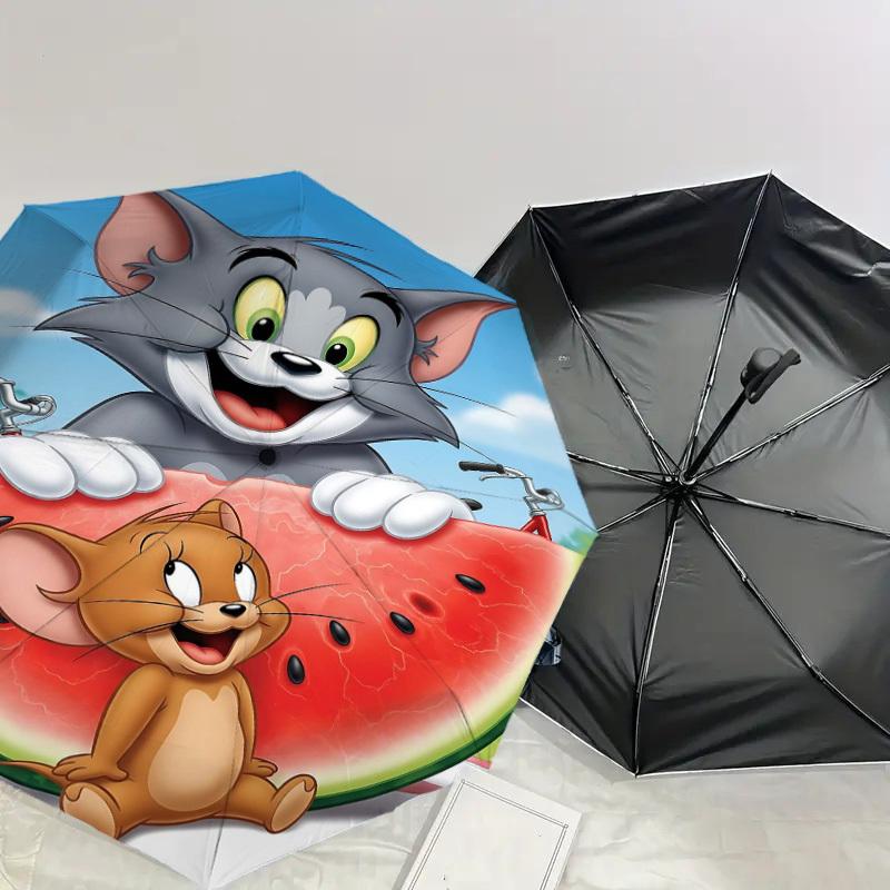 1pc Tom and Jerry Watermelon Automatic Open/Close Umbrella Compact Folding Umbrella with 8-Rib Shaft Lightweight Esign, for Women/Men1165A